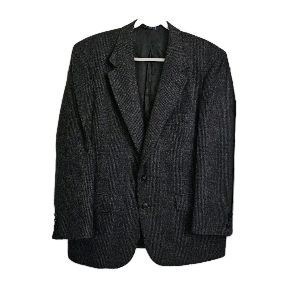 Burberry Blazer Jacket 46R XL Pure Camel Hair Wiedemans Dark‎ Gray Plaid Vintage